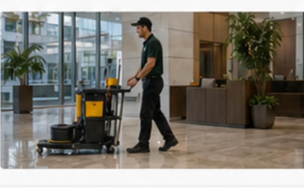 ADJS building cleaner working in a lobby